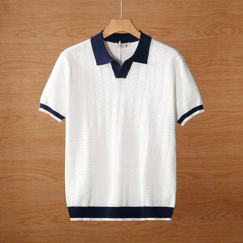Fashionable contrasting color knitted polo shirt mens spring and summer casual lapel top retro short sleeved jumper 250312