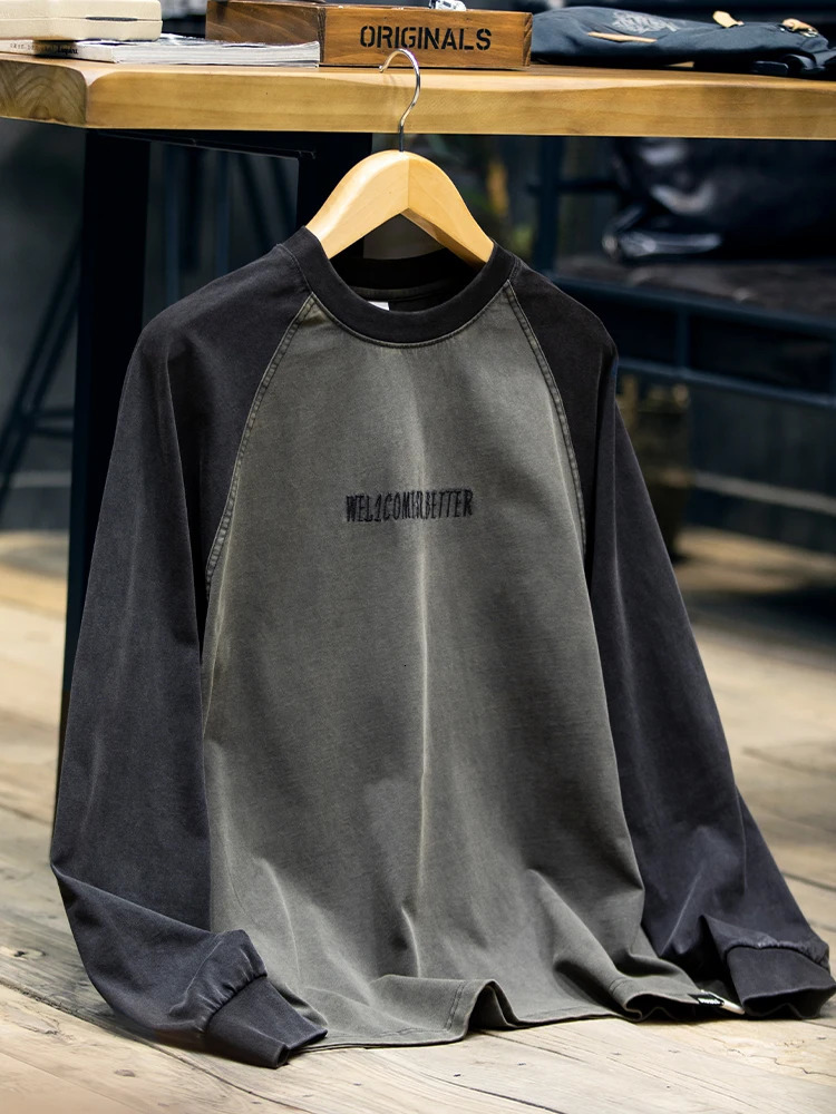 Spring and autumn highquality cotton long sleeved Tshirt mens plus size spliced work sweater Korean streetwear fashion sports top 250312
