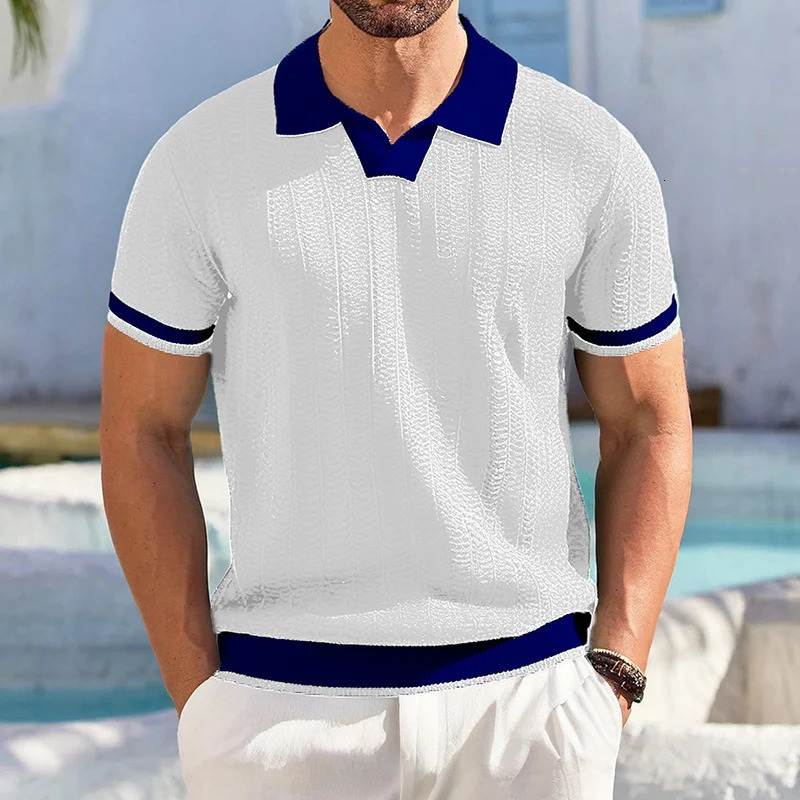 Fashionable contrasting color knitted polo shirt mens spring and summer casual lapel top retro short sleeved jumper 250312