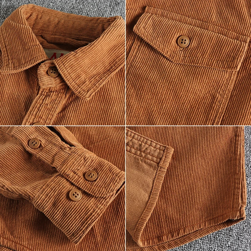 Retro washed Corduroy long sleeved shirt for men simple and loose winter thick jacket 250313