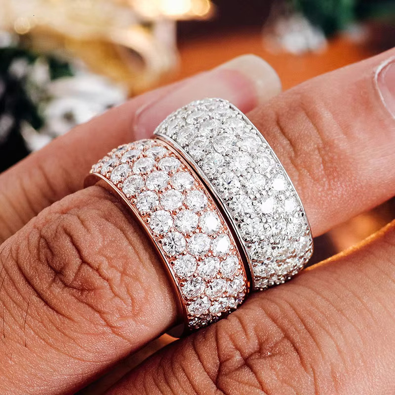 Silver Men Moissanite Band With D Color VVS Three Rows Stone Ice Out Round Brilliant Cut Loose Diamond Hip Hop Ring