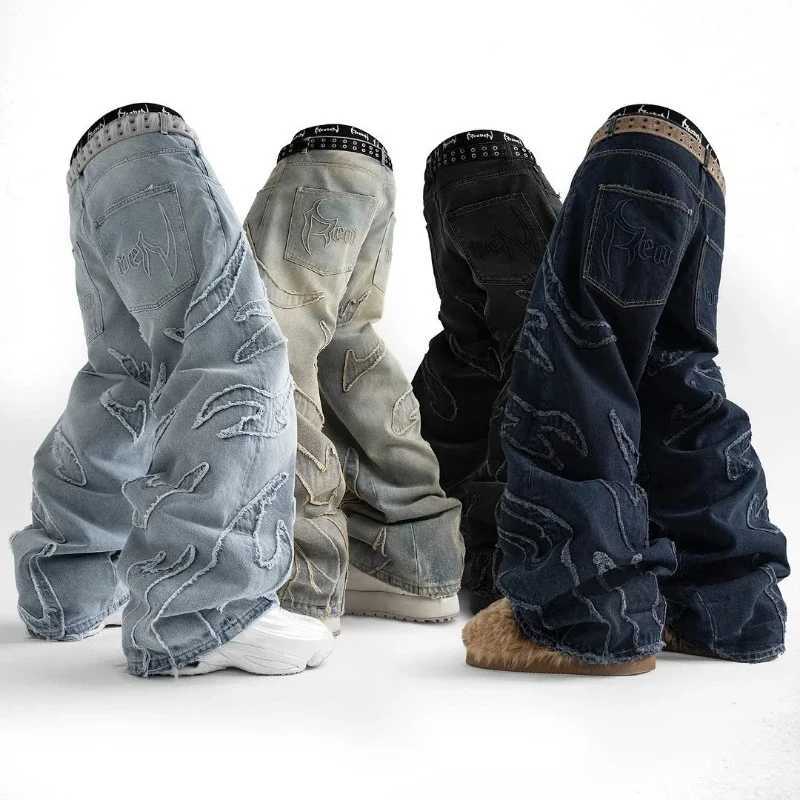 2025 New American Retro Flame Embroidery Baggy Womens Jeans Y2K Harajuku Hip Hop Gothic High Waist Wide Trousers Street WearT250319