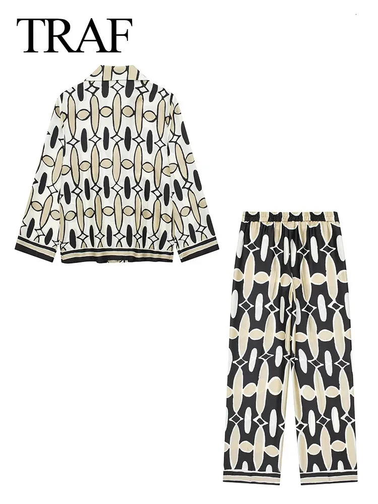 TRAFZA Womens Fashion Shirt and Pants Set Black White Printed Long Sleeve Single Chest TopElastic Waist Wide Leg 250313