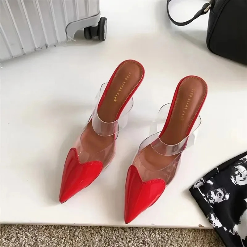 Patent Leather PVC Pumps Stiletto Sandals Pointed Toe Straps Heart Detailing at the Toes High Heel Slippers Wedding Shoes 250314