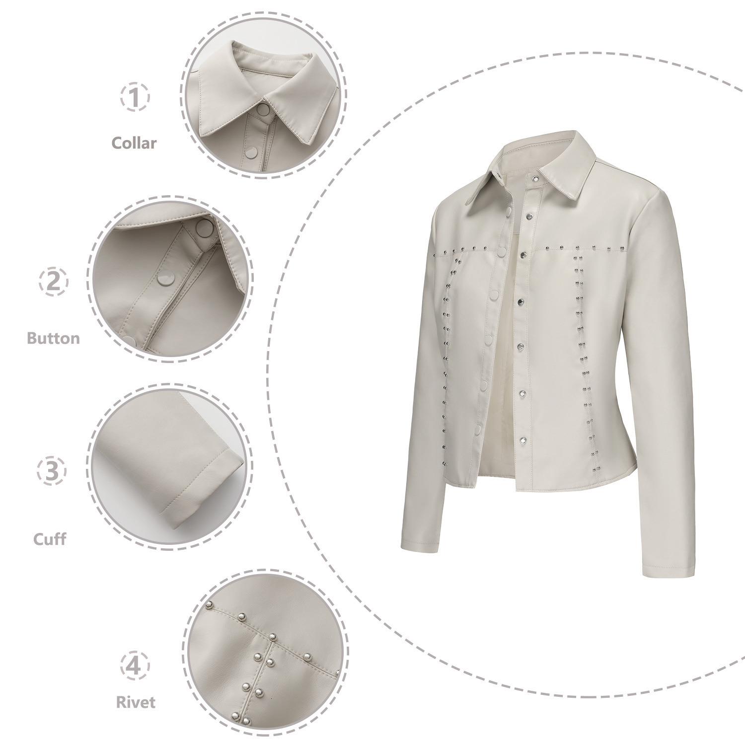 Fashion Spring and Autumn New Rivet Leather Jacket Cardigan Button Up Leather Jacket Fashion Trend Thin Coat Womens Clothing Join3