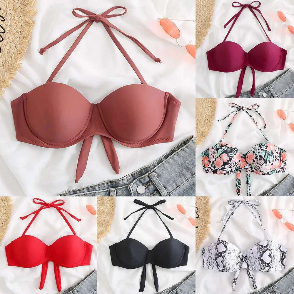Swimsuit 2025 Fashion Women's Bikini Top with Bow Frame Swimsuit Hot Selling Solid/Flower Folded Swimsuit Top