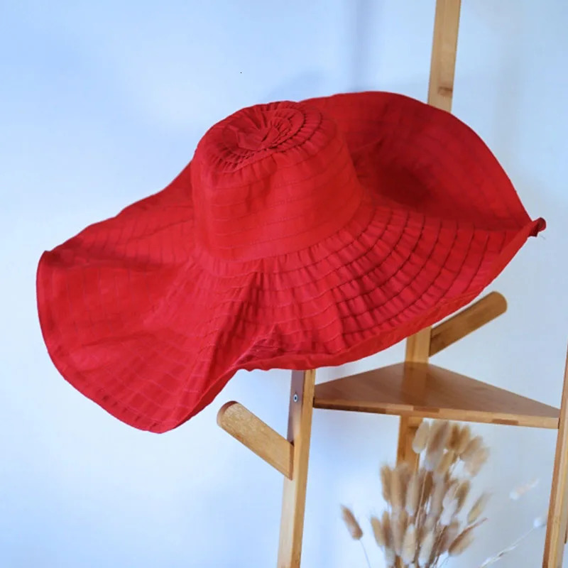 Womens 20cm large Brim sun hat cute shape cotton ribbon hat red and black summer hat foldable beach hat party dress hat 250314