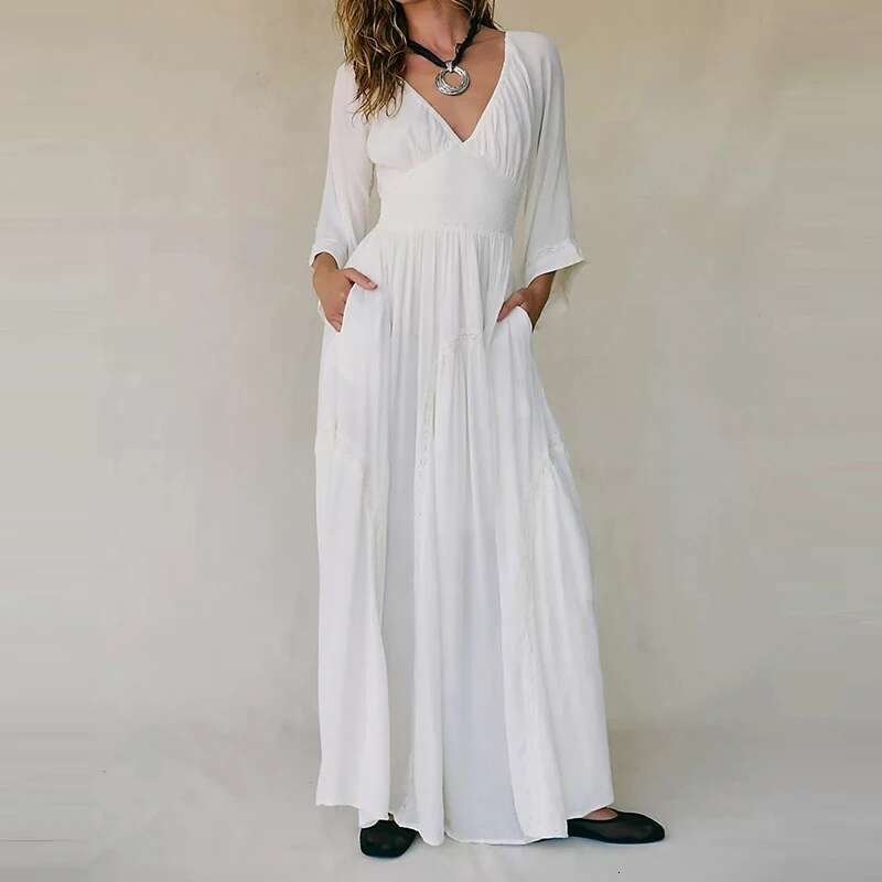 Elegant Holiday Long Fashion Deep V High Waist Pleated Desert New Summer Chiffon 3/4 Sleeve Solid Color Women Dress