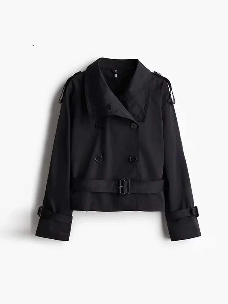 Spring Women's Short Jacket Trench Coat Belt Double Breasted Stand Collar Long Sleeve Outerwear 2025 New High Street Windbreaker