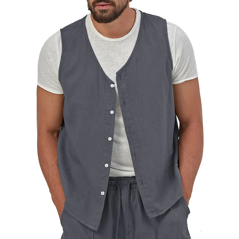 Mens Spring and Summer Thin Single Breasted Casual Solid Color Cotton Linen Youth Sleeveless Vest Coat 250310
