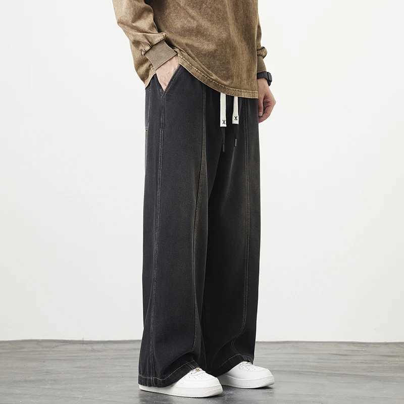 Plus Size M-8XL Baggy Jeans Mens Blue Black Streetwear Elastic Waist Y2K Trousers Fashion Straight Leisure Wide Denim PantsT250319