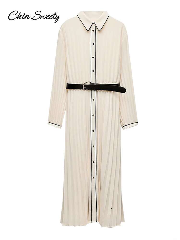 Elegant White Pleat Dress Women Belt Lapel Long Sleeve Single-Breasted Dresses 2025 Spring Summer Lady High Street Robes
