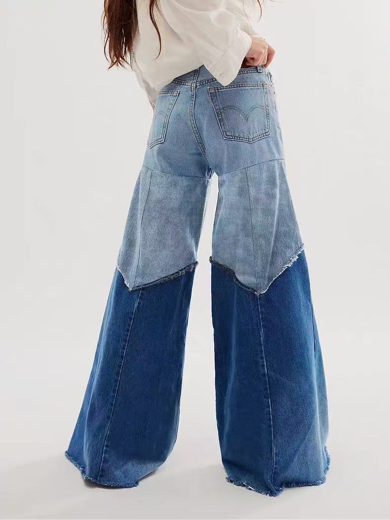 Patchwork High Waist For Female Denim Pants Slimming Hit Color Wide-Legged Colorblock Pocket Flares Trousers Fashion Streetwear
