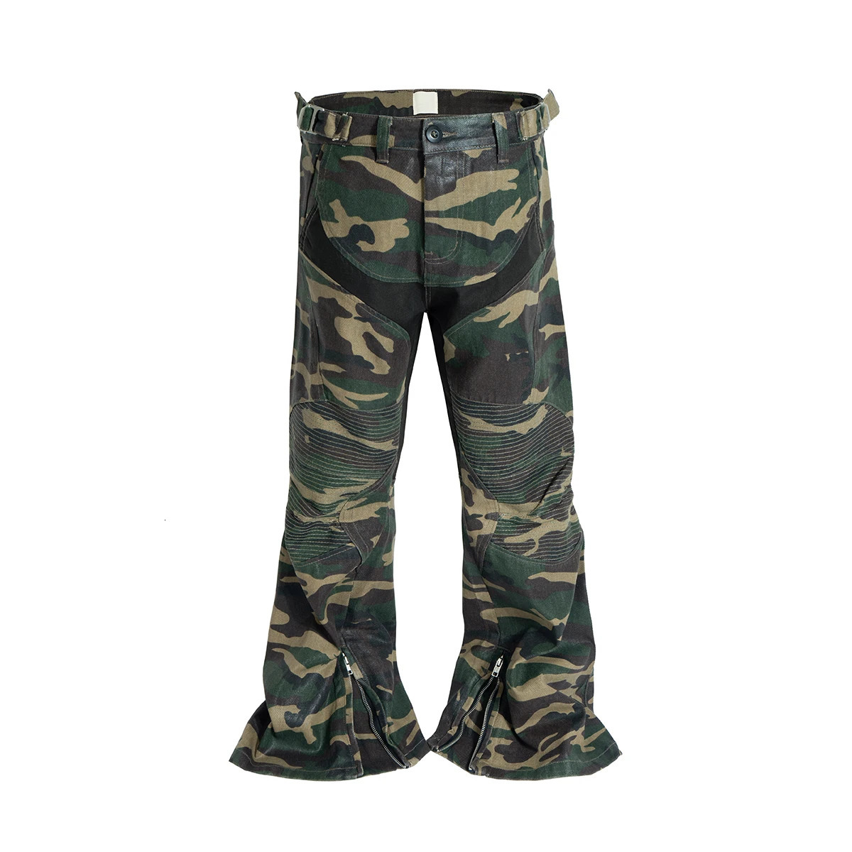 Camouflage coated micro flame motorcycle pants mens patch work bag jeans ankle zipper boots cutting oversized denim cargo 250313