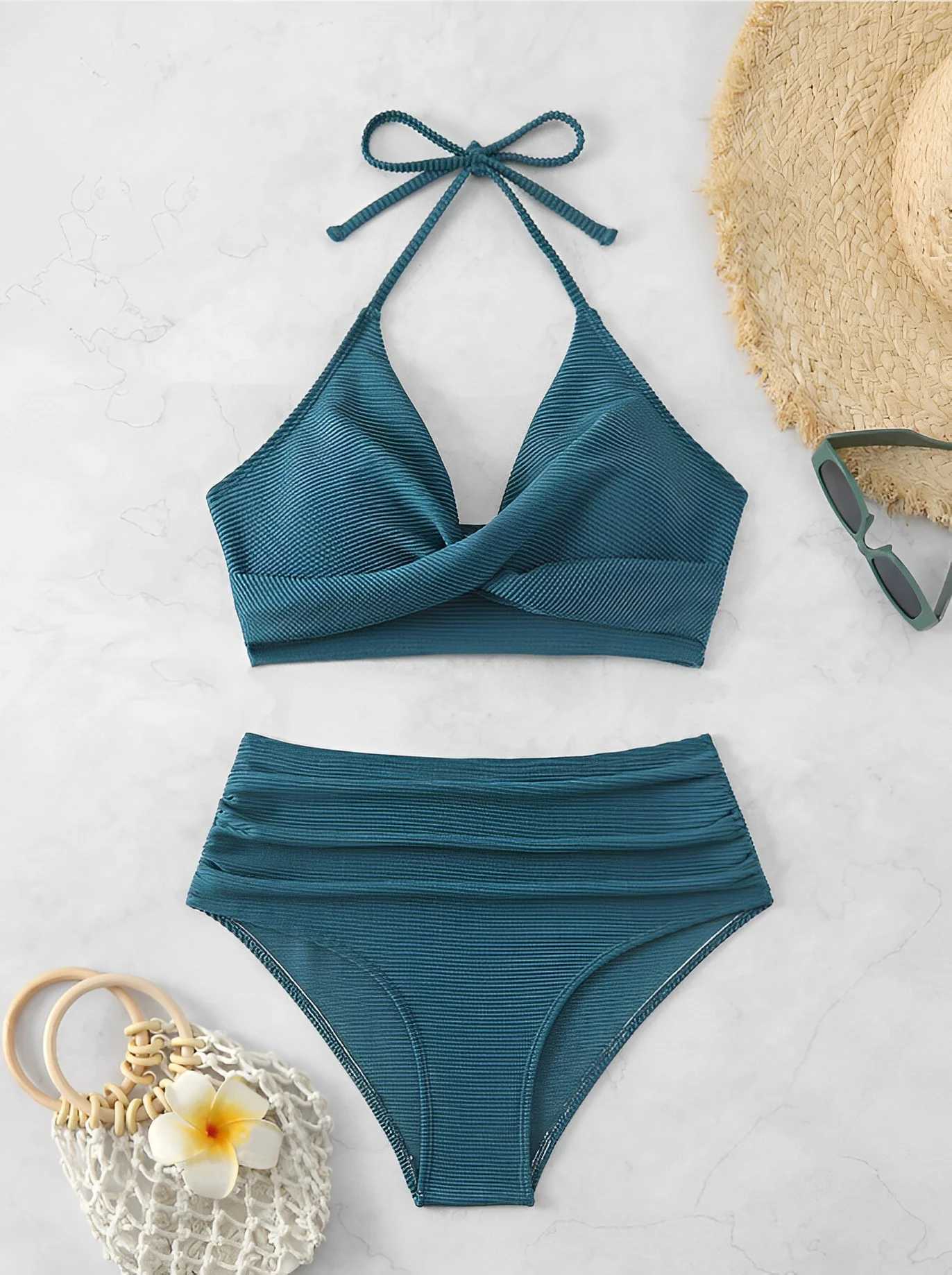 Sexy High Waist Bikini 2025 Women Halter Swimwear For Swimsuit Solid Bathers Swimming Bathing Swim Suit Summer BeachwearXJ250315