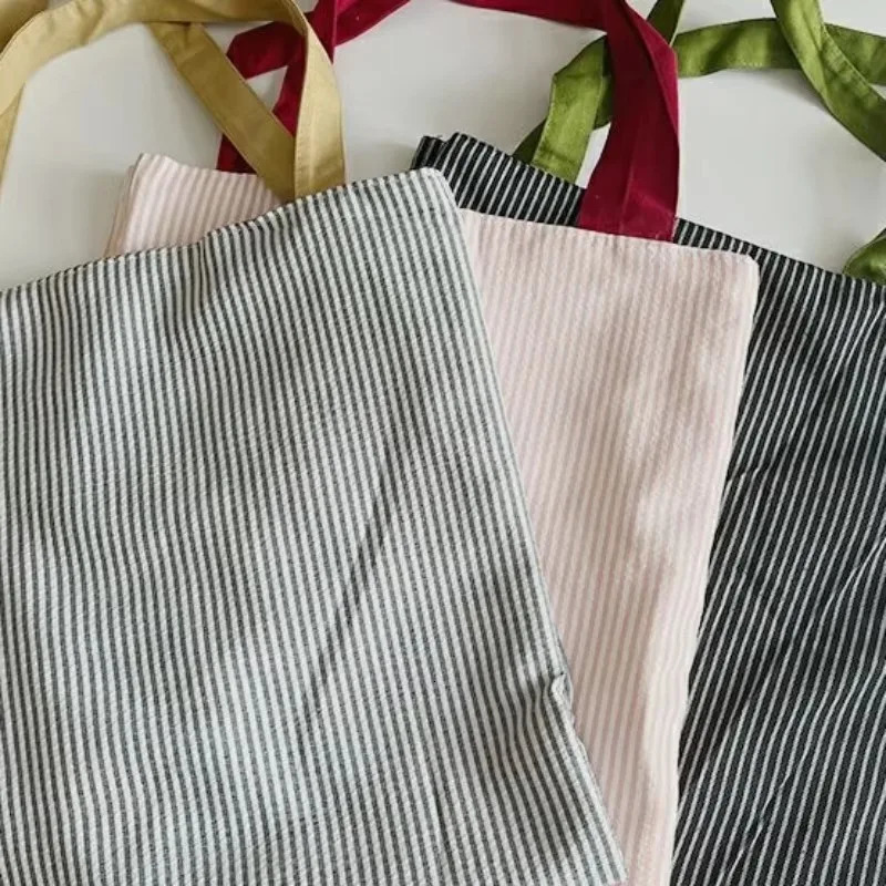 Practical Large-capacity Canvas Bag Double-layer Fashion Handbag Simple Striped Shoulder Bag Foldable Travel Tote Bags 250311