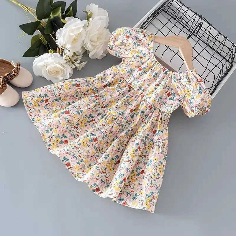 Girl's Dresses Girls' 2023 Summer Dress, Baby Short Sleeve Refreshing Dress, Children's Sweet Floral Dress, Lace up Dress