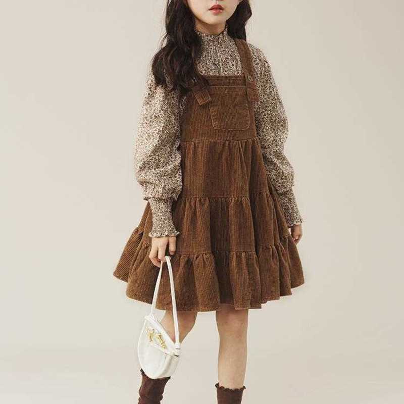 Girl's Dresses Girls' Dress Set 2024 Spring and Autumn New Collection, Korean Edition, Western Style, Girls' Floral Strap Skirt Two Pie
