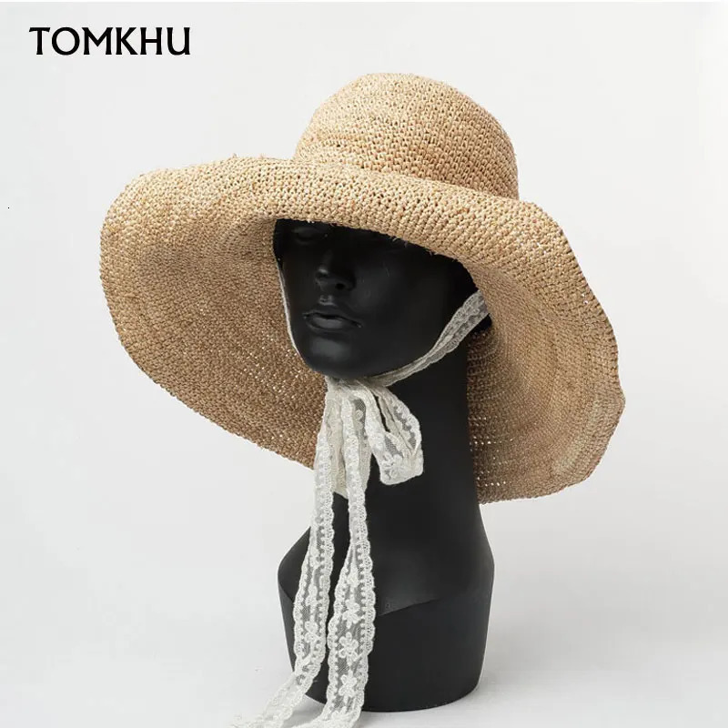 Summer Handmade Natural Lafia White Lace Long Ribbon Waist Beach Womens Bucket Hat Womens Holiday Beach Hat 250314