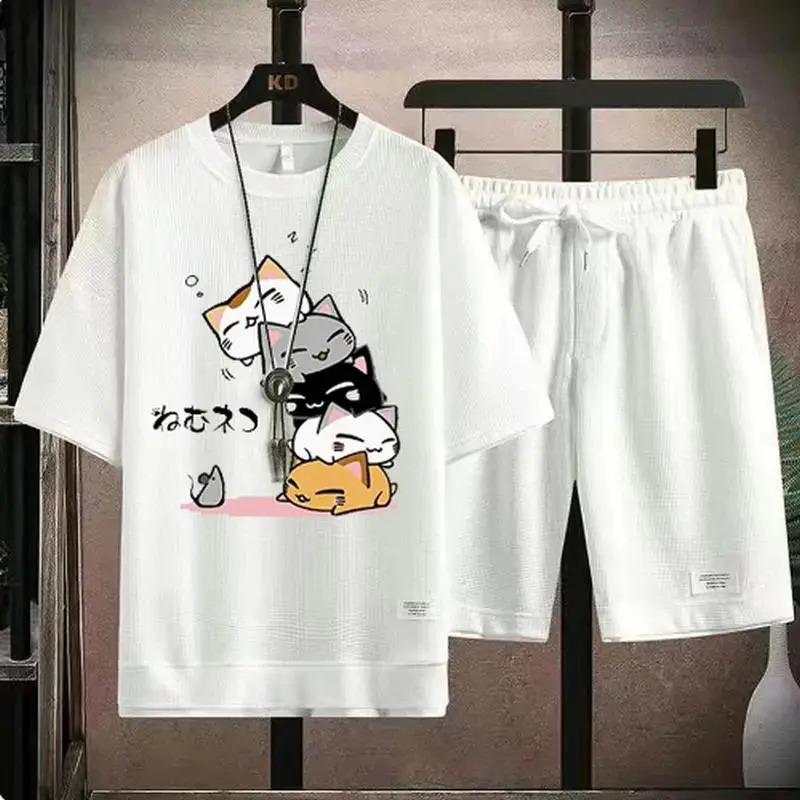Mens Summer Waffle Set Fashion Casual T-shirtShorts Set Mens Sports Set Loose ComfortableSlo Two-piece Set 250310