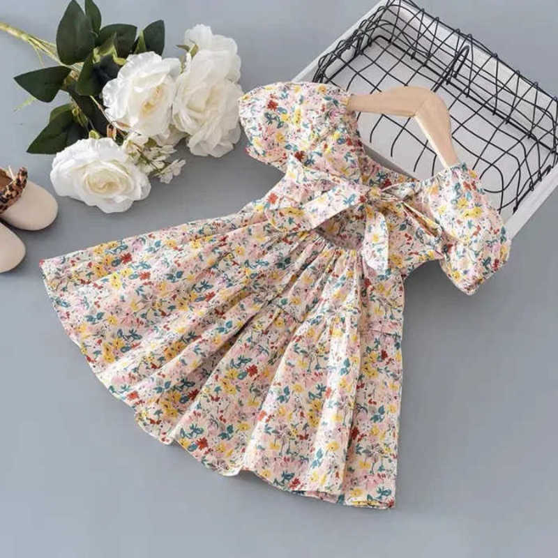 Girl's Dresses Girls' 2023 Summer Dress, Baby Short Sleeve Refreshing Dress, Children's Sweet Floral Dress, Lace up Dress
