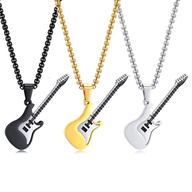 2025 New model Fashion Rock Jewelry Hip Hop Black Guitar Pendant Statement Necklaces Stainless Steel Charms Pendants Necklace for Men