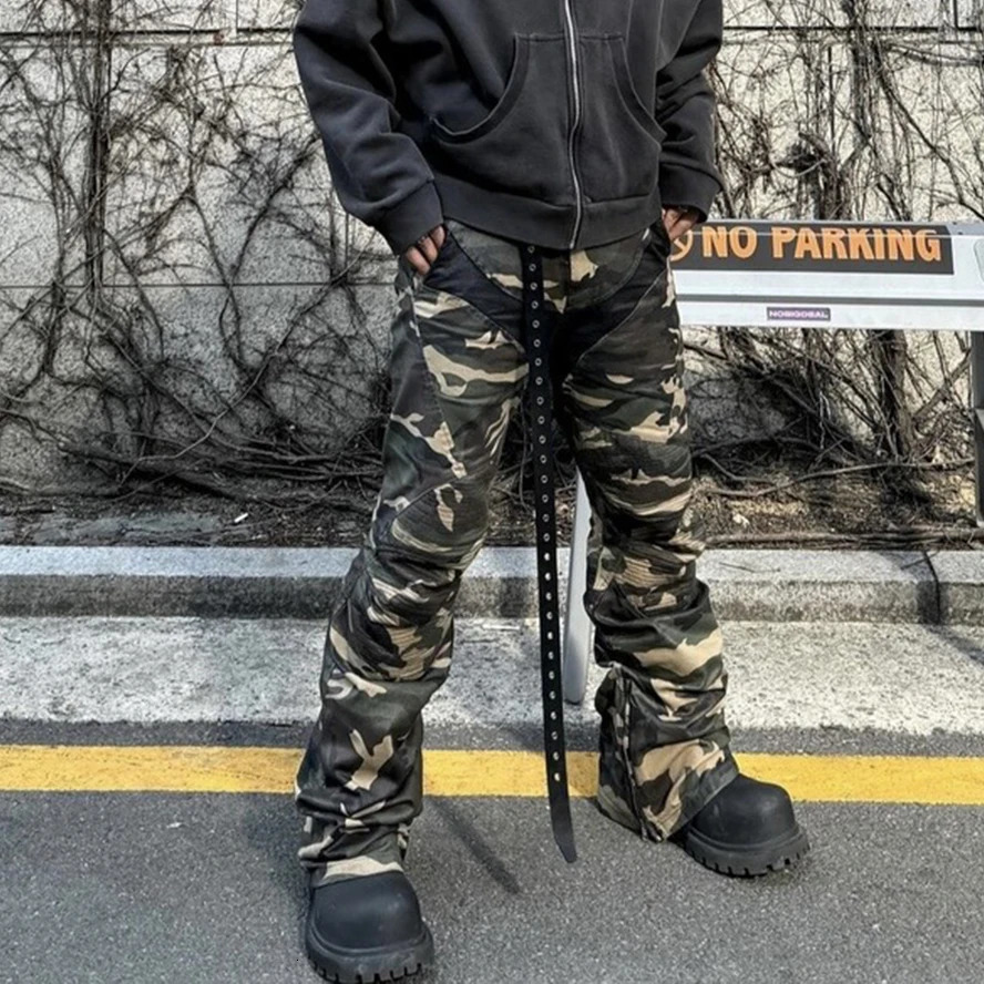 Camouflage coated micro flame motorcycle pants mens patch work bag jeans ankle zipper boots cutting oversized denim cargo 250313