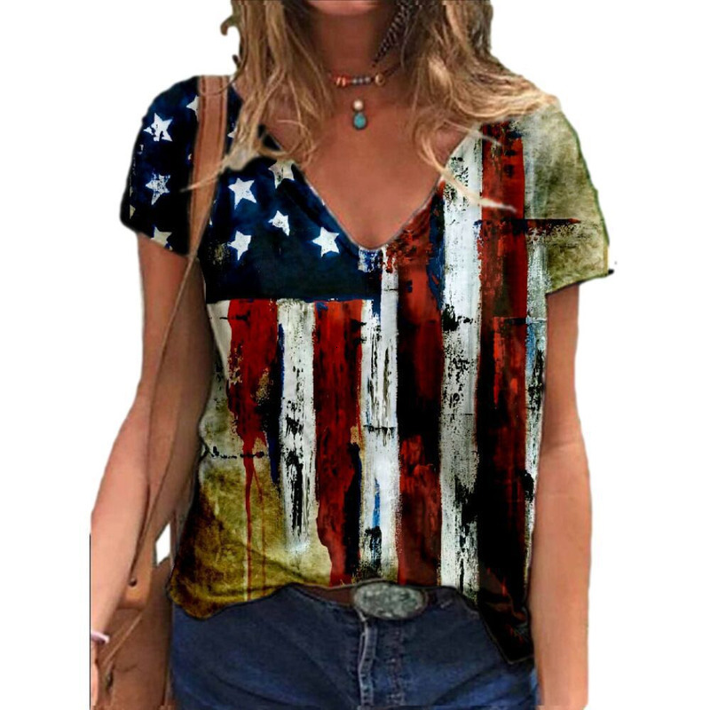 2025 US Independence Day Digital Women's V-Neck 3D Printed Large Size Imitation Cotton Casual T-Shirt
