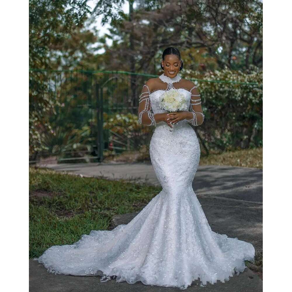 Customized african high neck bright lace beads mermaid dress for bride full sleeves garden style wedding dresses