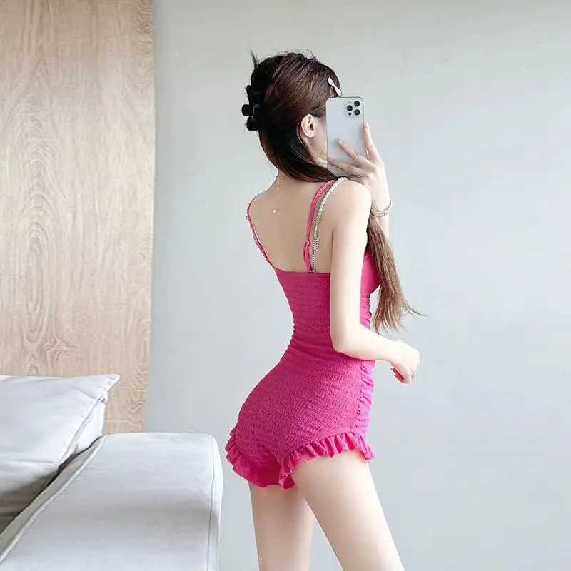 New One-piece Swimsuit Fairy Beach Ins Ears Pearl Suspender Hollow Bow Dopamine Vacation Hot SpringXJ250315