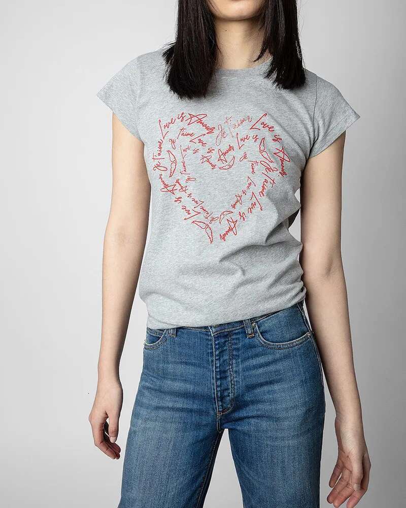 New French Niche ZV Letter Love Print Hot Stamping Cotton Women's Round Neck Short Sleeved T-Shirt