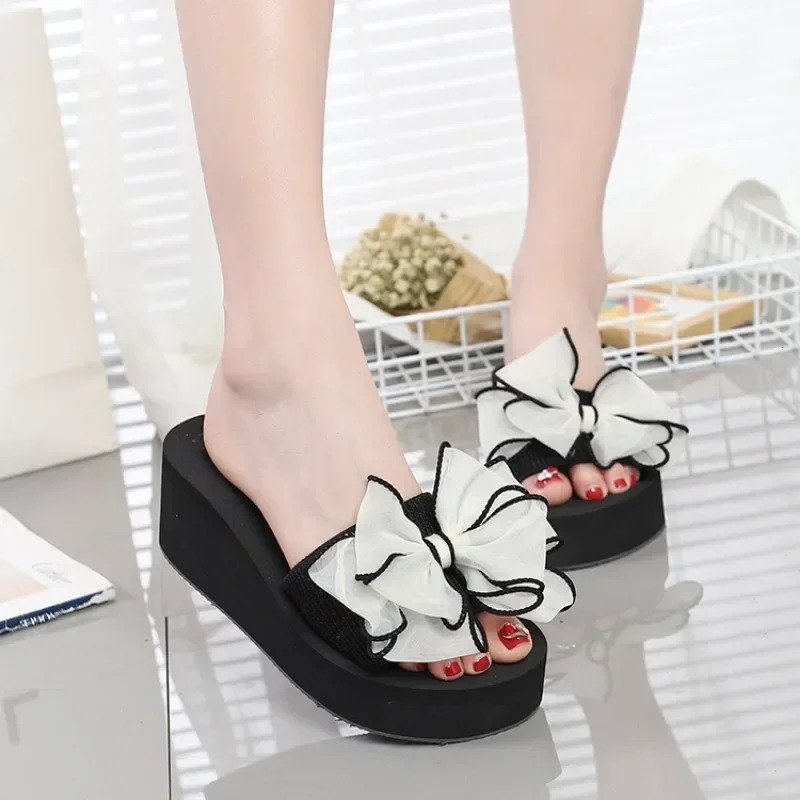 Women Bow Summer Sandals Slipper Indoor Outdoor Beach Shoes Summer Womens Shoes Flip Flops on The Platform 250314