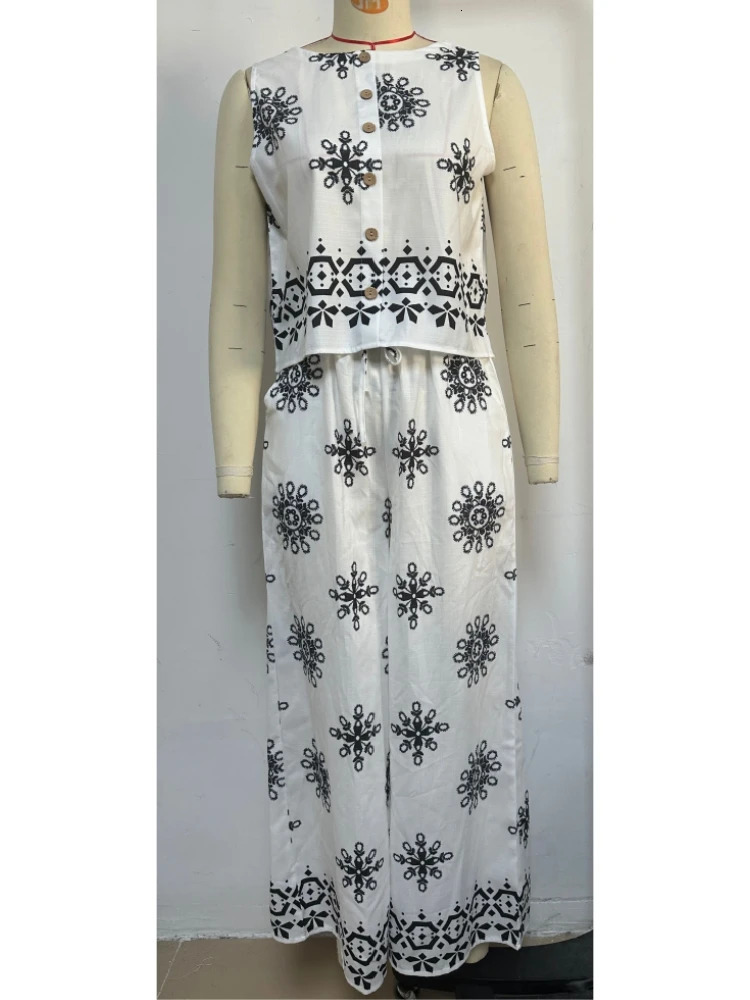 Bohemia Floral Print Loose Long Pants Set Women Casual Oneck Sleeveless TopsWide Leg Two Piece Sets Summer Beach Outfits 250313
