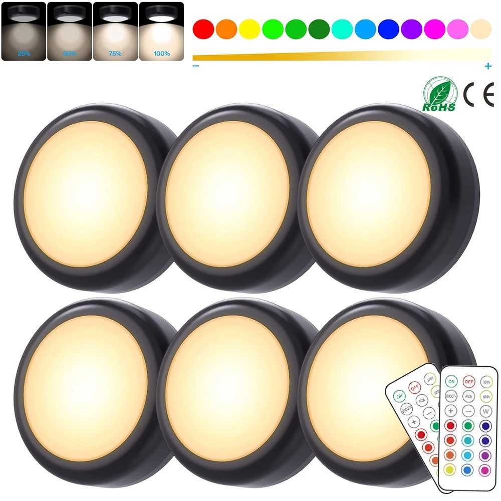 1-6Pcs RGBW LED Puck Night Lights Remote Control Dimmable Under Cabinet Light Battery Operated Wireless Push Lamp Kitchen ClosetC250315