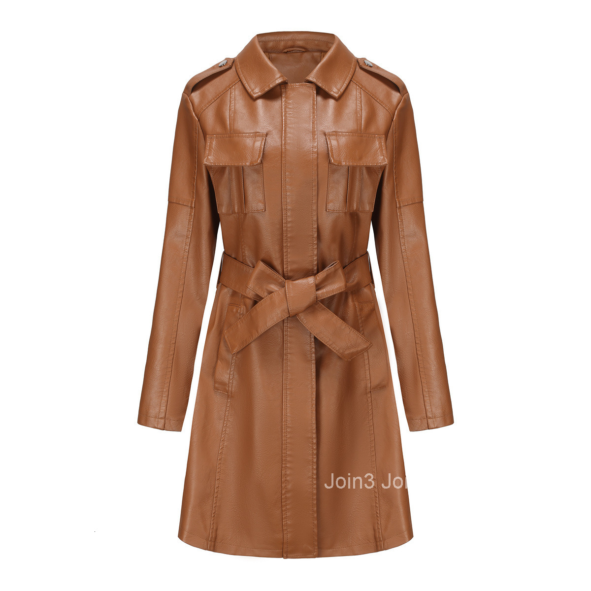 Fashion New Mid Length Leather Jacket with Belt Spring and Autumn Long Sleeved Leather Windbreaker Fashionable British Jacket Womens 6652