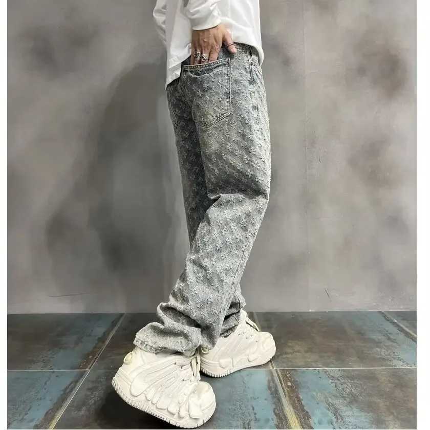 American Style Vintage Mens Jeans Loose Fit Full Printed Design Sensible Niche Straight Leg Pants New Spring Autumn Trendy BranT250315