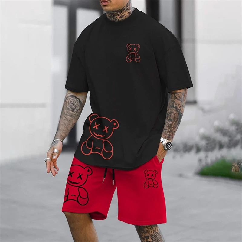 2025 Summer Mens Short sleeved Shorts Set Fashion King Printed T-shirt Shorts 2 sets Casual Round Neck Jumping Breathable S 250310