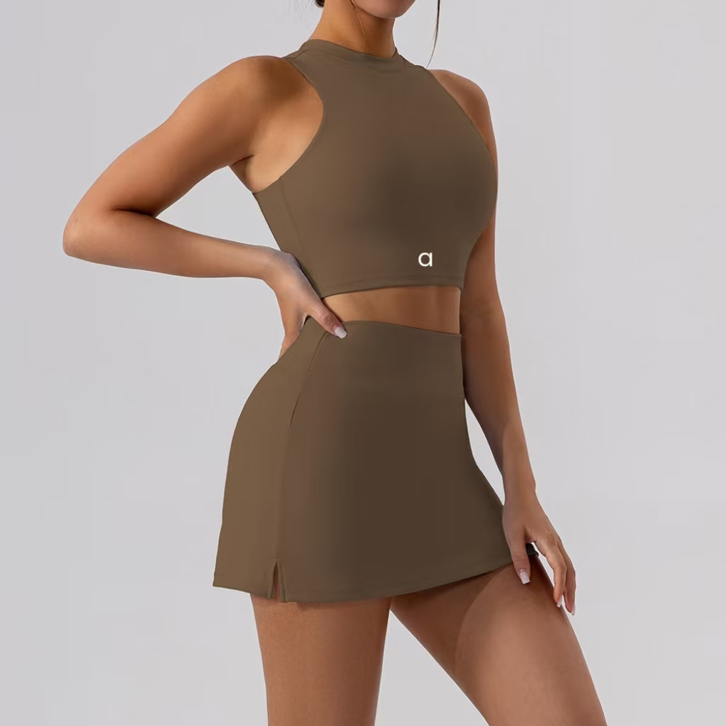 2025--Womens Yoga Sets Outfit Sets Skirts Vest Tennis Sleeveless Workout Gym Skirt Suit High Waist Sportwear For Running