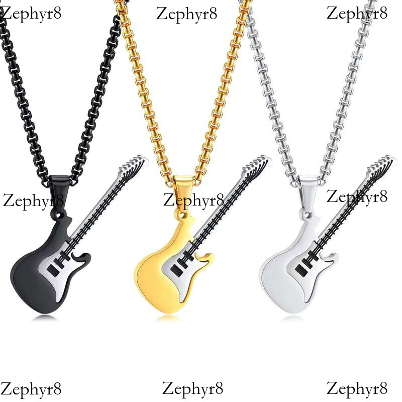 2025 New model Fashion Rock Jewelry Hip Hop Black Guitar Pendant Statement Necklaces Stainless Steel Charms Pendants Necklace for Men