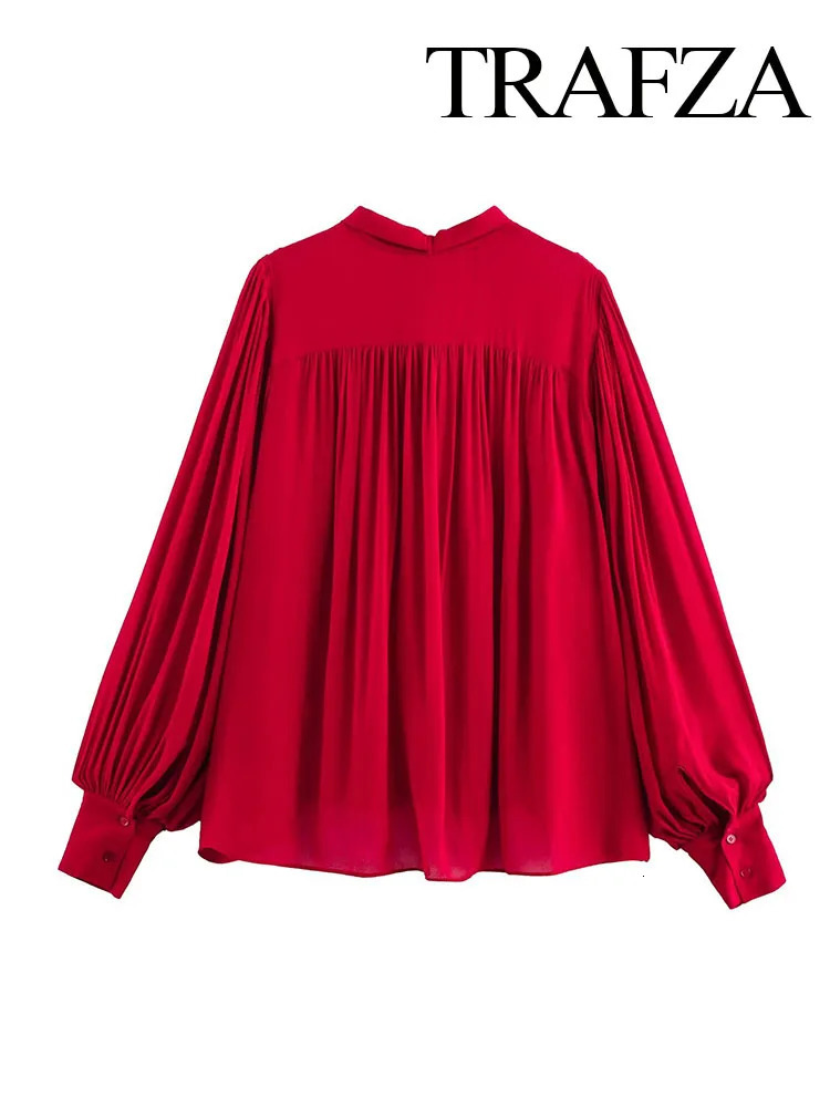 TRAFZA Womens Fashion Classic Series Single Breasted Bow Decorated Shirt Female Elegant Wrinkled Casual Long Sleeve Shirt Mujer 250310