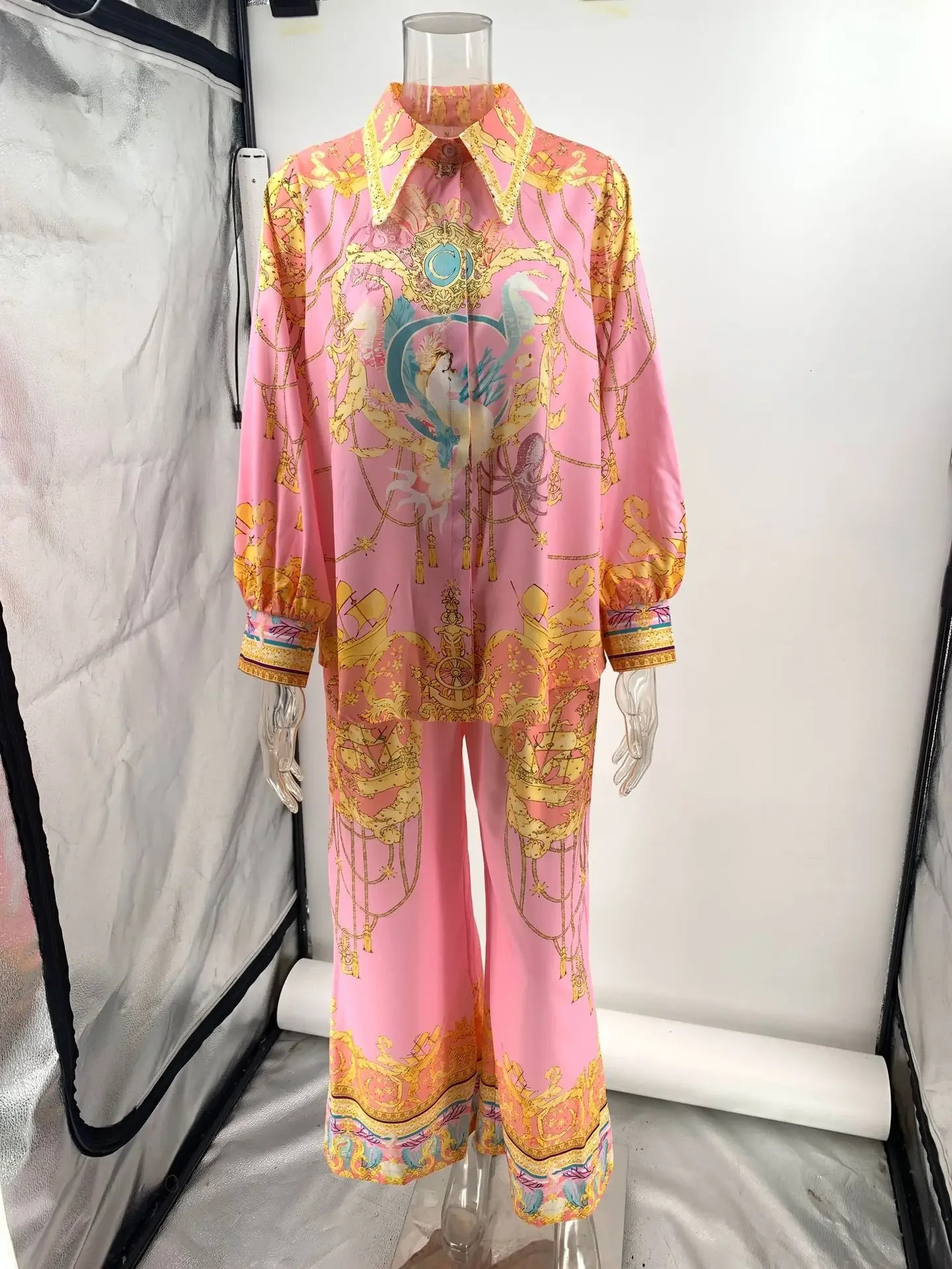 Leisure vacation printed womens twopiece set lantern sleeve pink shirt loose wide leg pants Bohemian style 250313