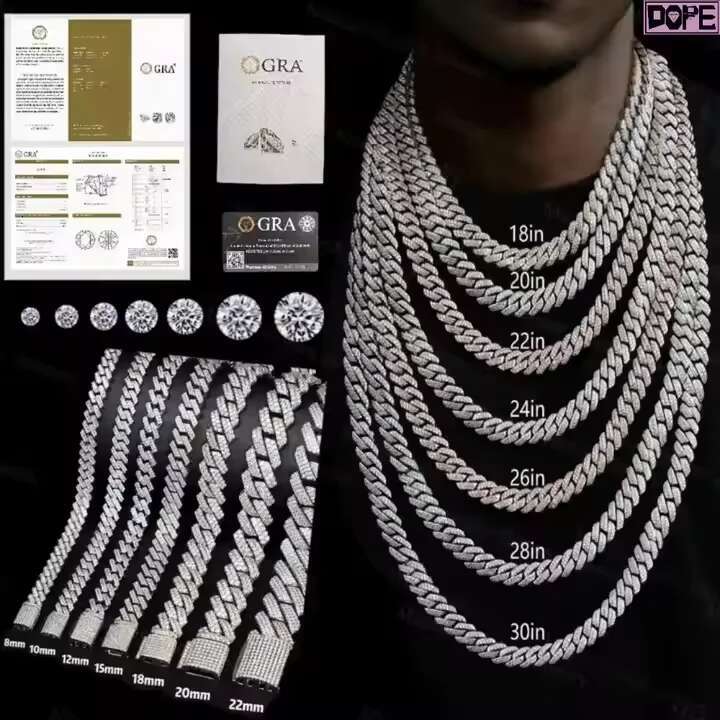 Factory 20mm 3 Rows k Raise Pointer Iced Out DVVS Sterg Sier Moissanite Cuban Chain