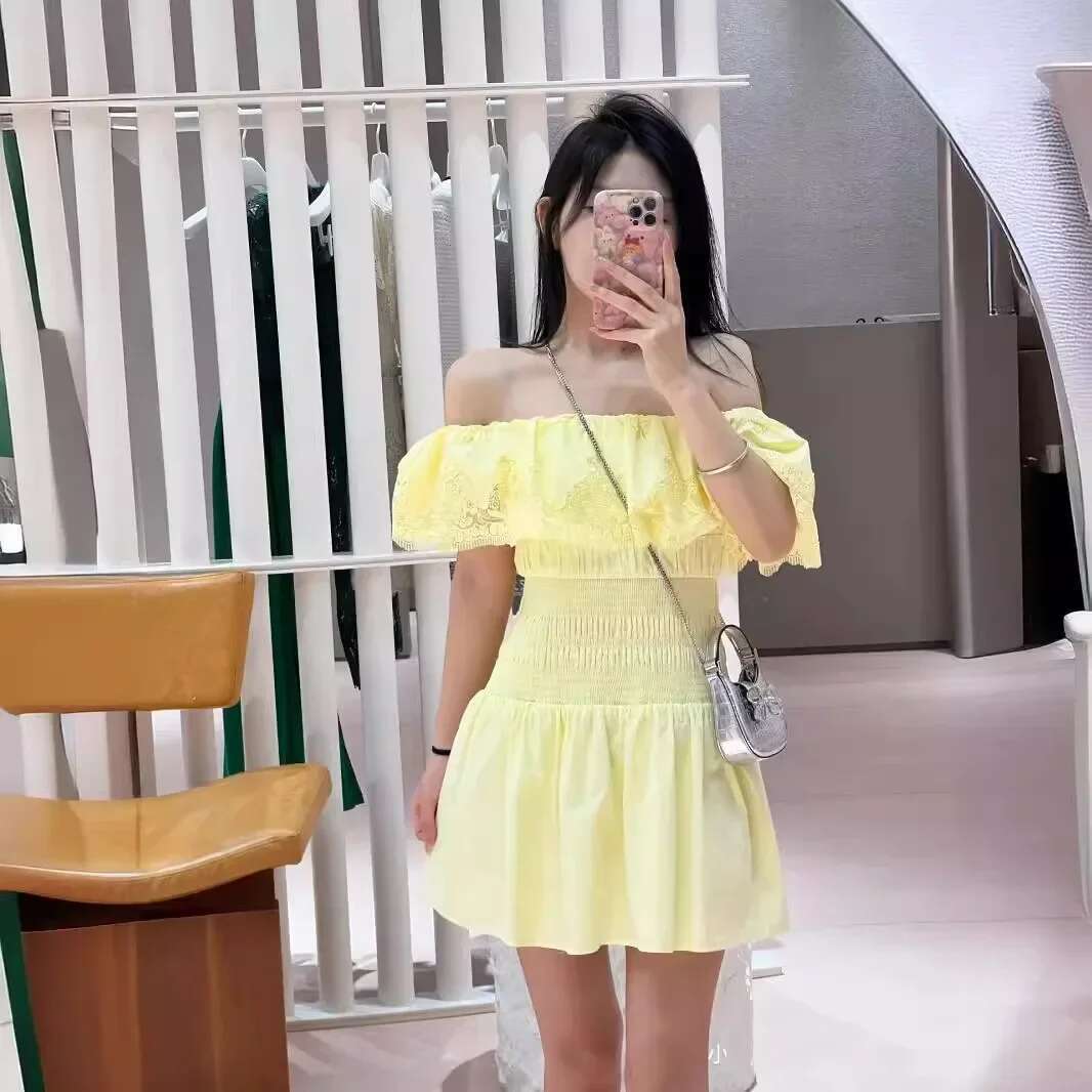 Summer Women's One-Shoulder Yellow Cotton Embroidered Waisted Backless Sexy Party Mini Dress