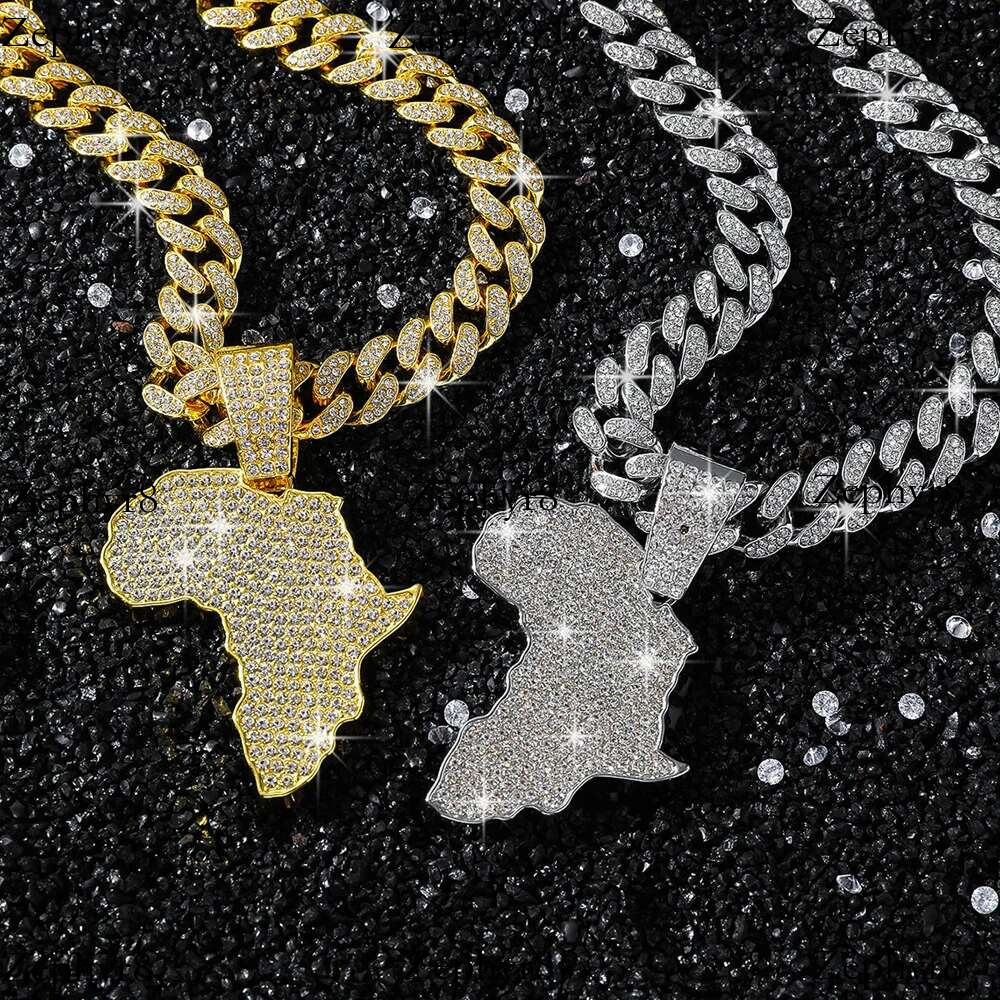 2025 New model Men Women Hip Hop Africa Map Pendant With 13mm Rhies Miami Cuban Chain HipHop Iced Out Bg Necklaces Fashion Jewelry