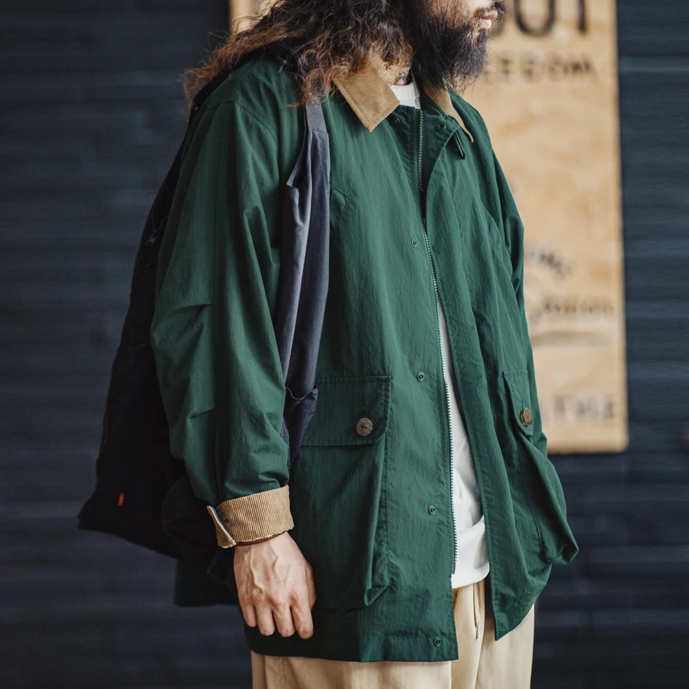 Maden Retro Green Loose Corduroy Collar Multi Pocket Safari Jacket Mens Classic Spring and Autumn Casual 250313