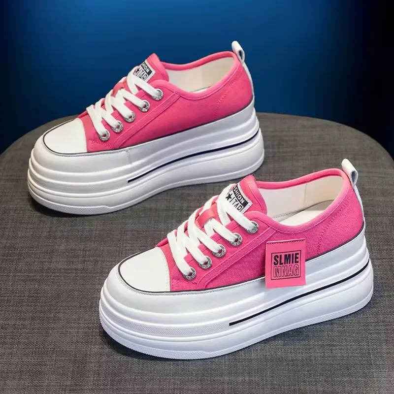 Leisure canvas shoes womens solid color thick soled sports wedge high heels increase breathability vulcanized women 250310