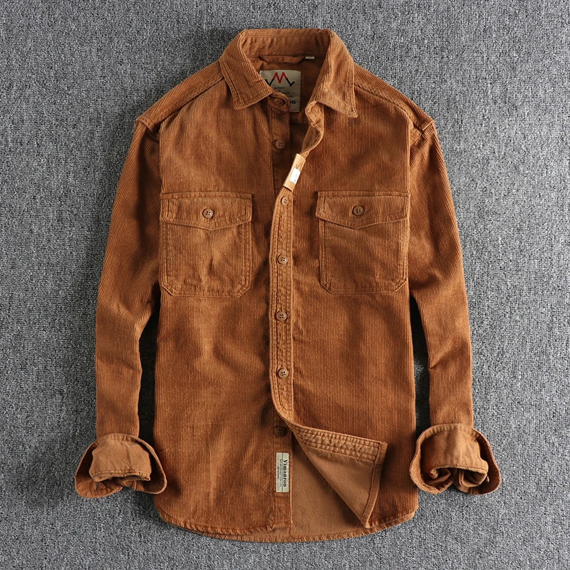 Retro washed Corduroy long sleeved shirt for men simple and loose winter thick jacket 250313
