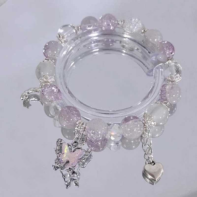 Korean Pink Crystal Flowers Butterfly Pendant Beaded Bracelet For Women Sweet Beaded Chain Bracelet Jewelry GiftsXJ250315