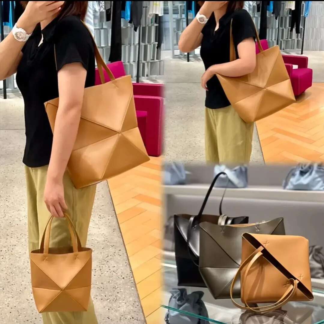 New Large Capacity Foldable Geometric Tote Genuine Cow Leather Puzzlefold Handbag Bucket Bag For Women