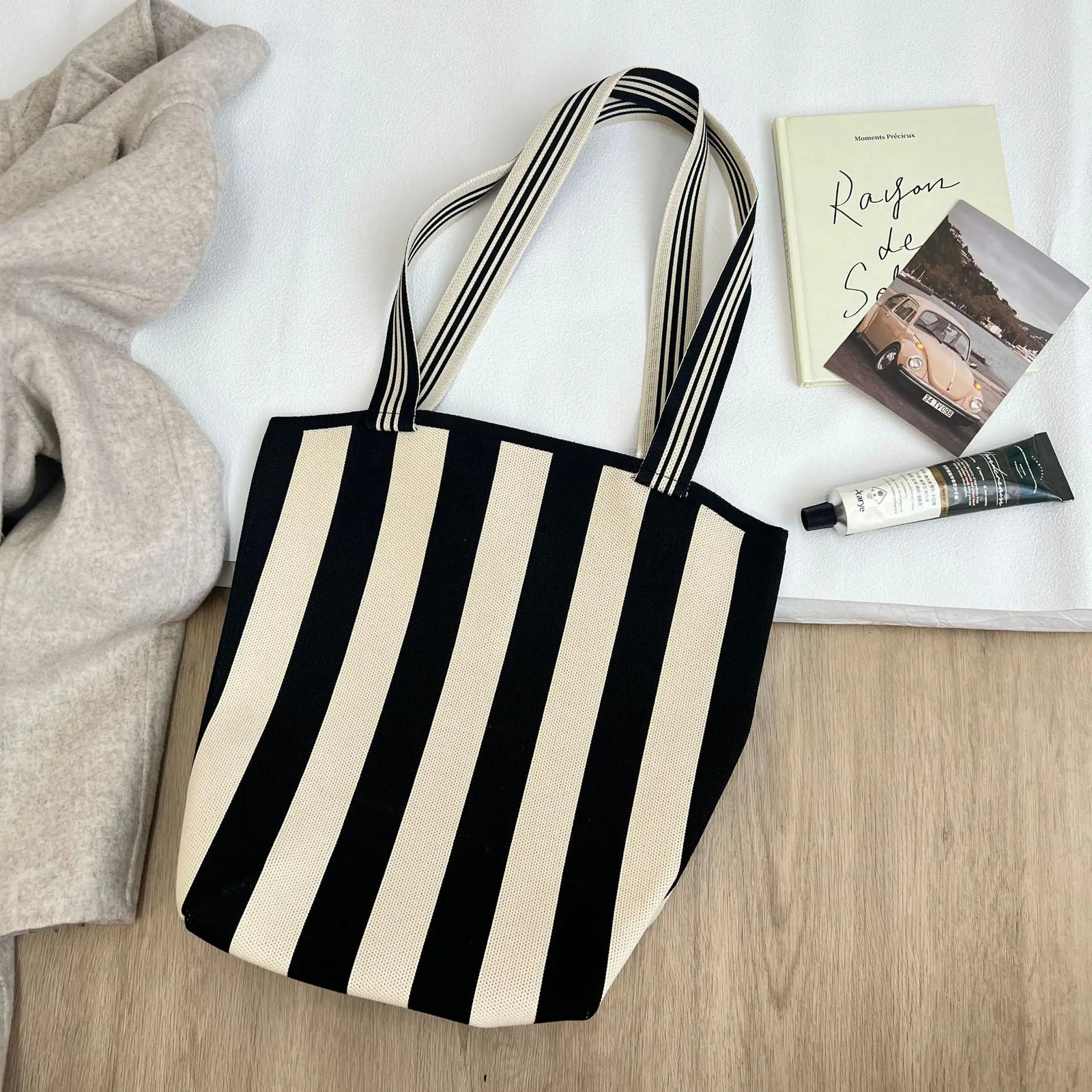 Fashion Women Simple Black White Striped Canvas Bag Casual Large Capacity Shoulder Womens Beach Bag Shopping Tote Bag Handbag 250311